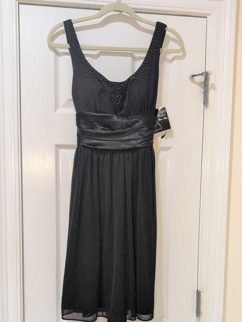 Black Sleeveless Dress with Beaded Scoop Neck And Satin Waist Band